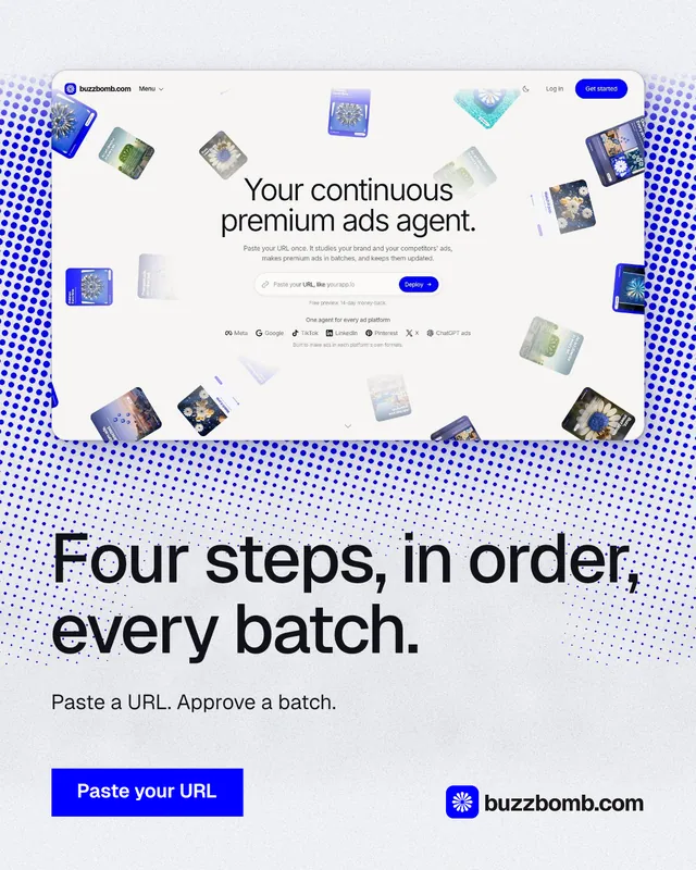 Instagram portrait post for BuzzBomb: "Four steps, in order, every batch." Swiss style, bottom layout, light palette in white, blue.