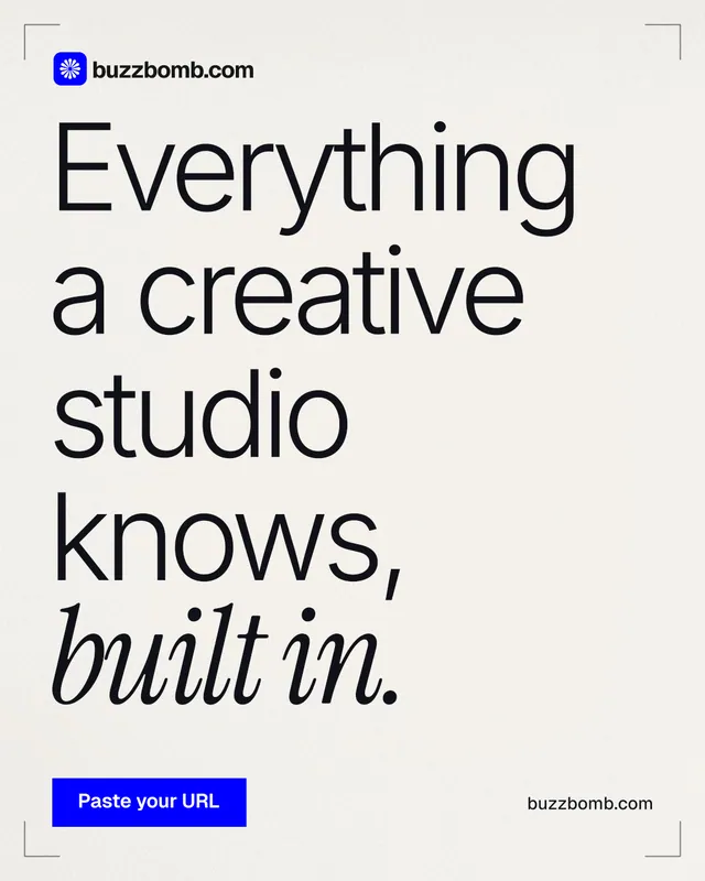 Instagram portrait post for BuzzBomb: "Everything a creative studio knows, built in." Swiss style, poster layout, light palette in white, grey.