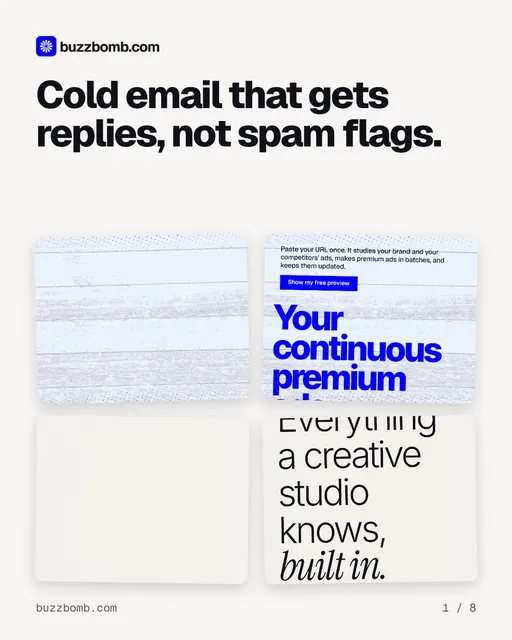 Carousel for BuzzBomb: "Cold email that gets replies, not spam flags.". Collection carousel, 8 slides, light palette.