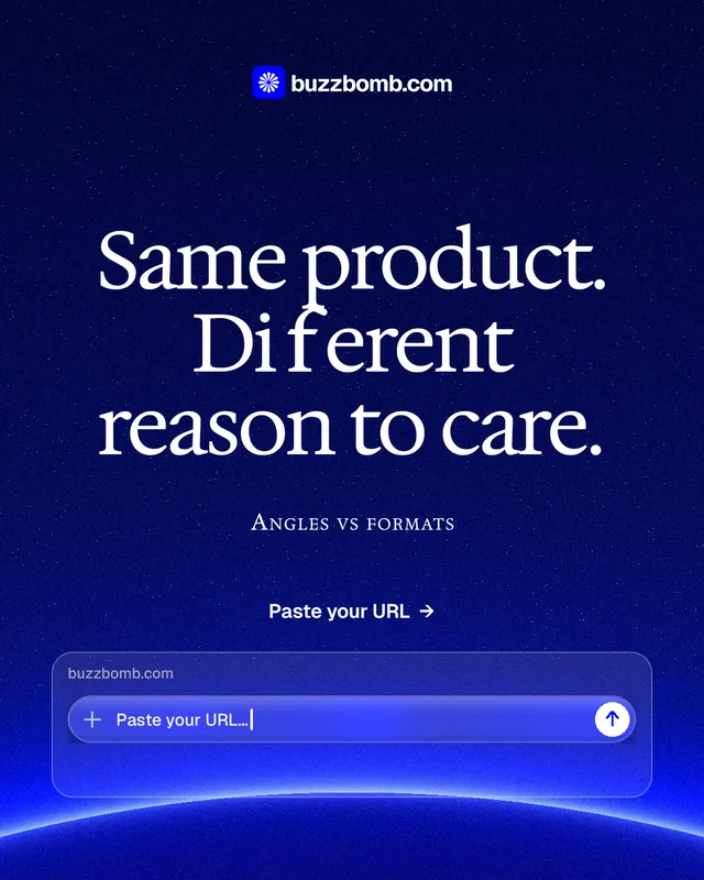 Instagram portrait post for BuzzBomb: "Same product. Different reason to care." Swiss style, smallcaps layout, dark palette in blue.