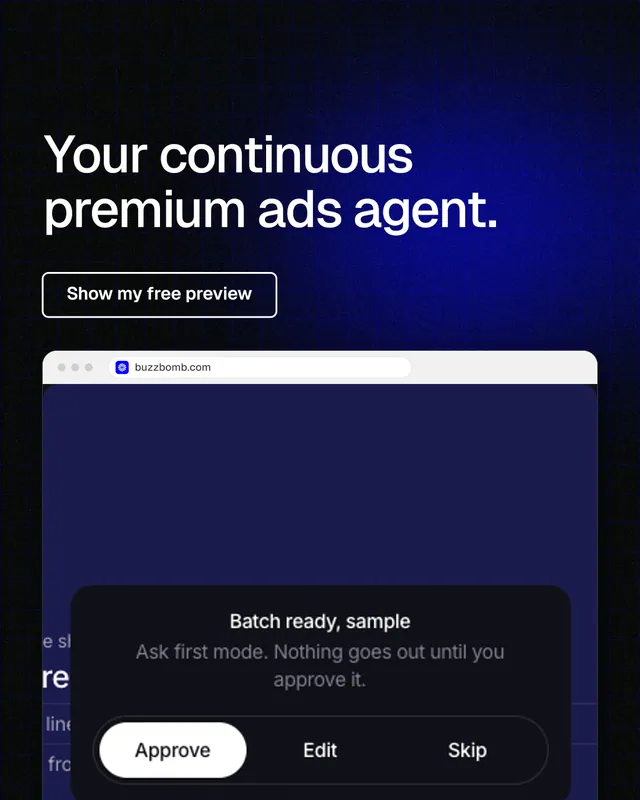 Instagram portrait post for BuzzBomb: "Your continuous premium ads agent." Phosphor atlas style, browser layout, dark palette in black, blue, grey.