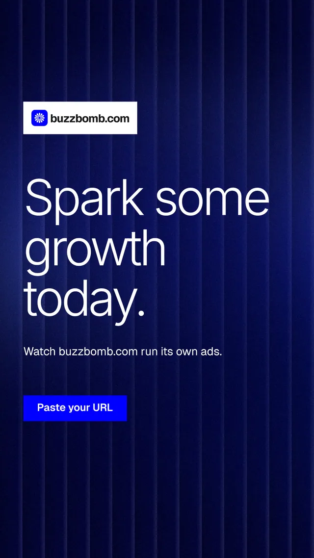Instagram story for BuzzBomb: "Spark some growth today." Swiss style, announce layout, dark palette in black, blue.