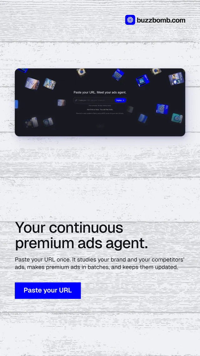 Instagram story for BuzzBomb: "Your continuous premium ads agent." Swiss style, bottom layout, light palette in white, blue.