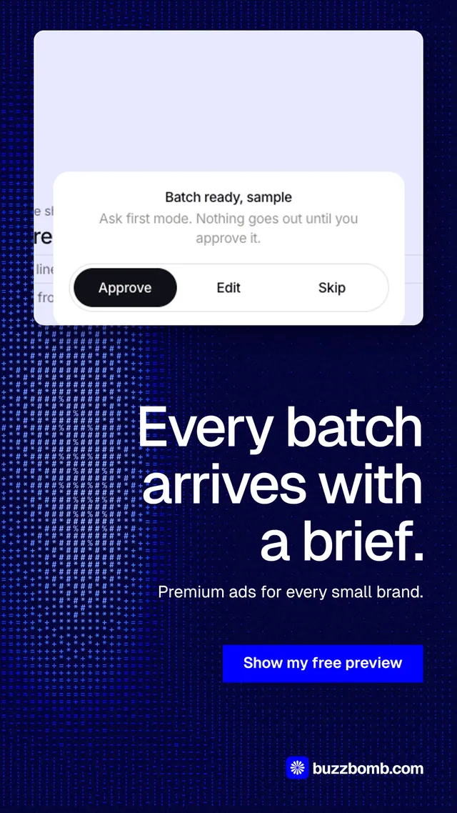 Instagram story for BuzzBomb: "Every batch arrives with a brief." Swiss style, right layout, dark palette in white, black, blue.