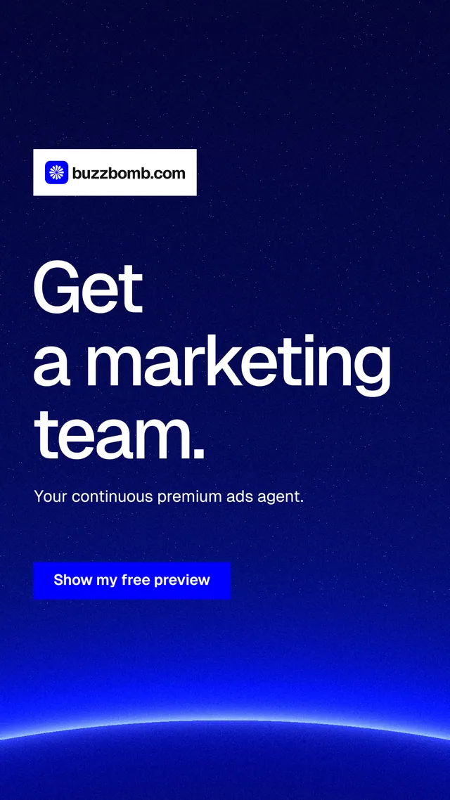 Instagram story for BuzzBomb: "Get a marketing team." Swiss style, announce layout, dark palette in blue.