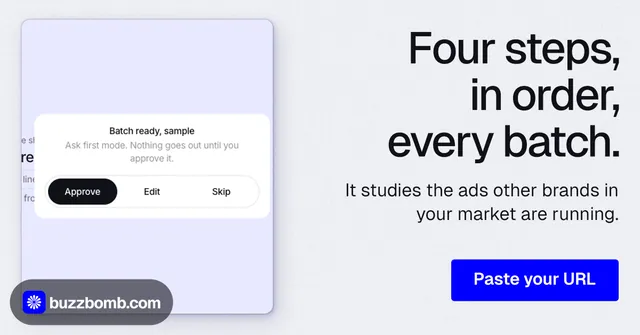 Social ad for BuzzBomb: "Four steps, in order, every batch." Data card style, right layout, light palette in white, blue.