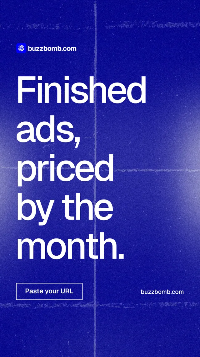 Instagram story for BuzzBomb: "Finished ads, priced by the month." Cyanotype style, poster layout, dark palette in blue.