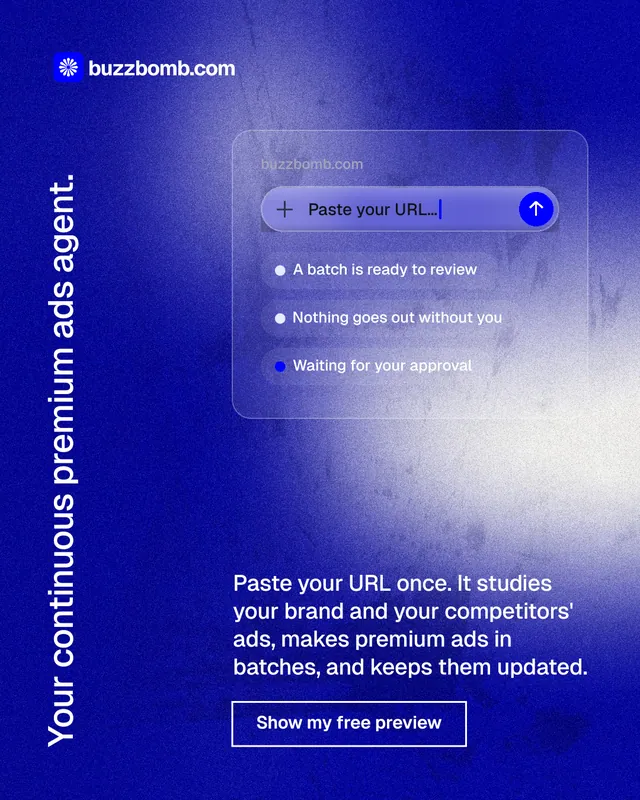 Instagram portrait post for BuzzBomb: "Your continuous premium ads agent." Cyanotype style, vertical layout, dark palette in blue.