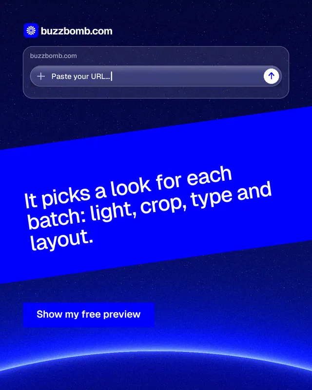 Instagram portrait post for BuzzBomb: "It picks a look for each batch: light, crop, type and layout." Swiss style, diagonal layout, dark palette in blue.