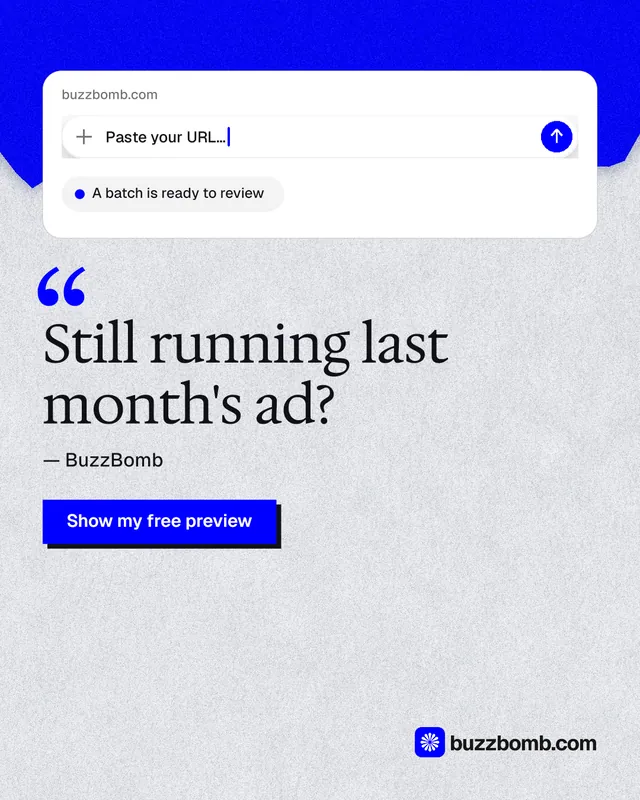 Instagram portrait post for BuzzBomb: "Still running last month's ad?" Paper trio style, quote layout, light palette in white, blue.