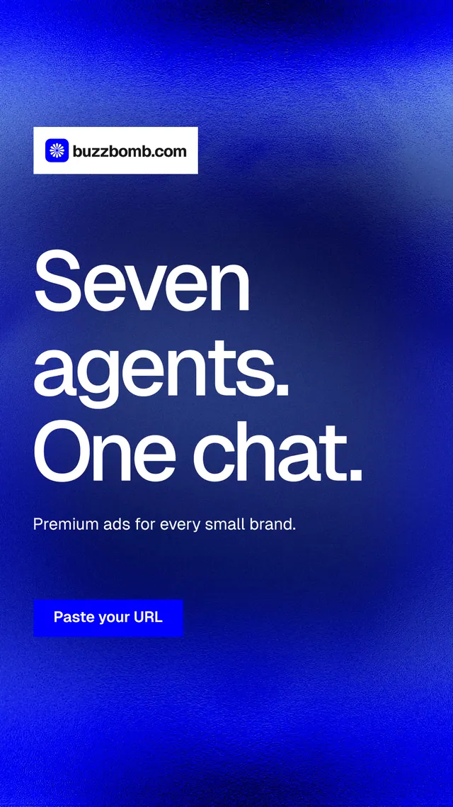 Instagram story for BuzzBomb: "Seven agents. One chat." Swiss style, announce layout, dark palette in blue.