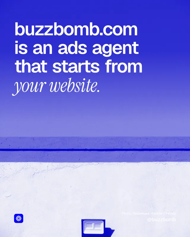 Instagram portrait post for BuzzBomb: "buzzbomb.com is an ads agent that starts from your website." Duotone style, technique:pexels ingredient layout, light palette in blue, white.