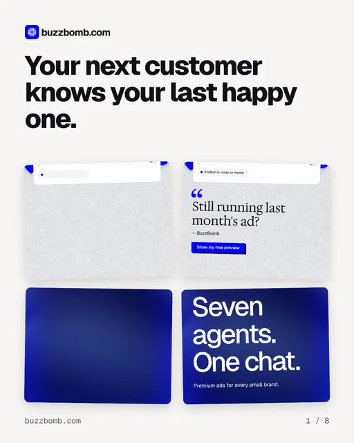 Carousel for BuzzBomb: "Your next customer knows your last happy one.". Collection carousel, 8 slides, light palette.