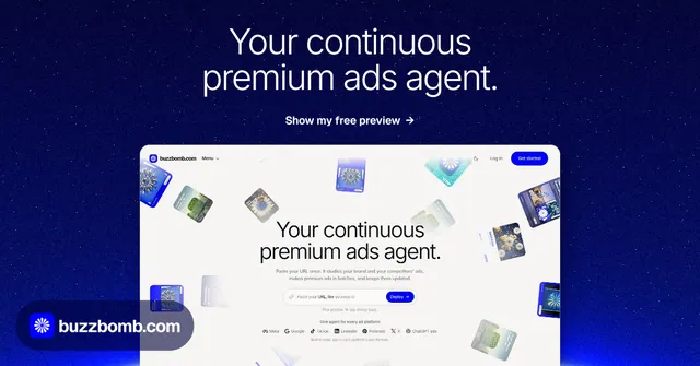 Social ad for BuzzBomb: "Your continuous premium ads agent." Swiss style, ogui layout, dark palette in blue, white.
