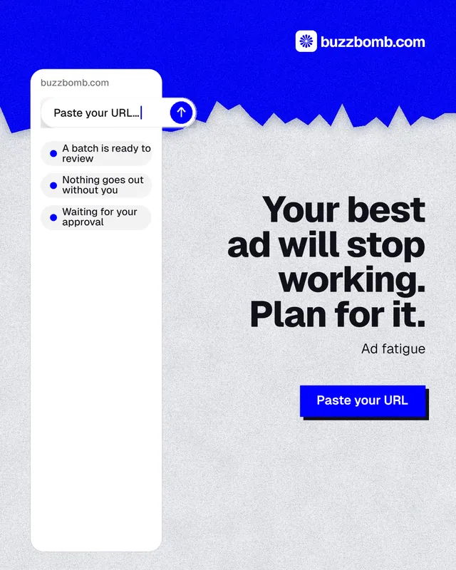 Instagram portrait post for BuzzBomb: "Your best ad will stop working. Plan for it." Paper trio style, right layout, light palette in white, blue.