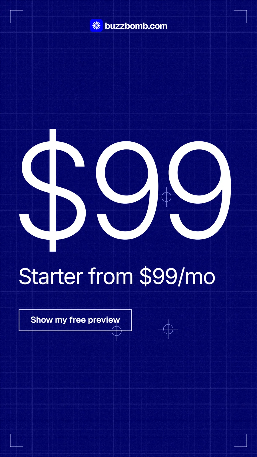 Instagram story for BuzzBomb: "Premium ads for every small brand." Blueprint style, stat layout, dark palette in blue.