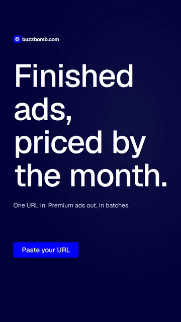 Video for BuzzBomb: "Finished ads, priced by the month.". Doc motion loop, 8.0 s, dark palette.