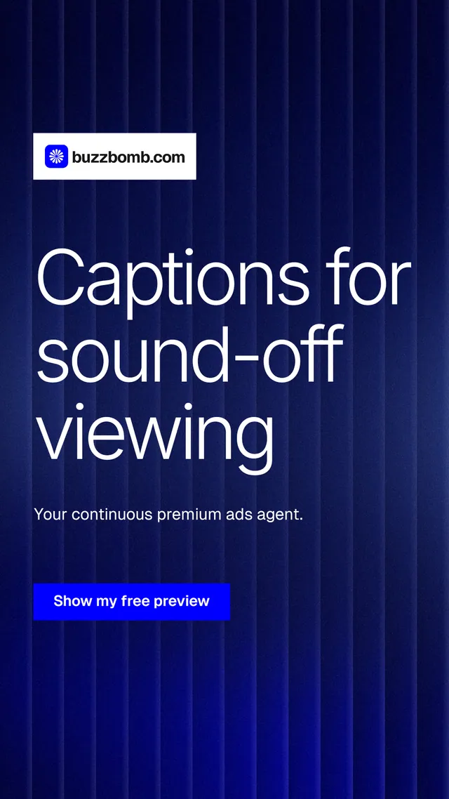 Instagram story for BuzzBomb: "Captions for sound-off viewing". Swiss style, announce layout, dark palette in blue, grey.