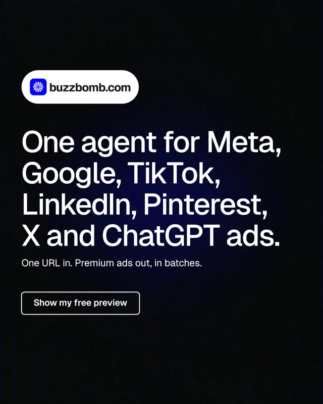 Instagram portrait post for BuzzBomb: "One agent for Meta, Google, TikTok, LinkedIn, Pinterest, X and ChatGPT ads." Phosphor atlas style, announce layout, dark palette in black, grey.