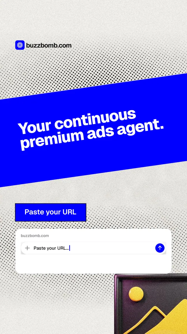 Instagram story for BuzzBomb: "Your continuous premium ads agent." Ink sticker style, diagonal layout, light palette in white, blue, grey.