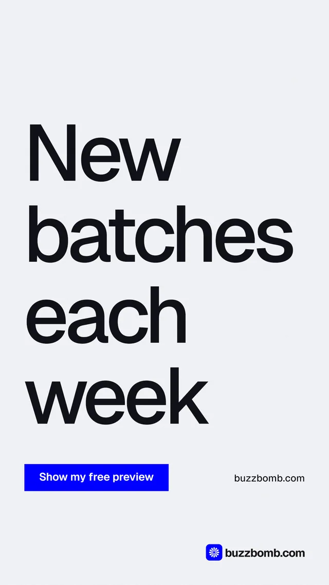 Instagram story for BuzzBomb: "New batches each week". Swiss style, poster layout, light palette in white, grey.