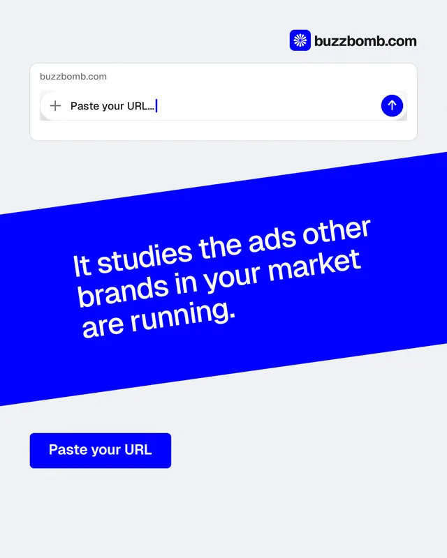 Instagram portrait post for BuzzBomb: "It studies the ads other brands in your market are running." Data card style, diagonal layout, light palette in white, blue.