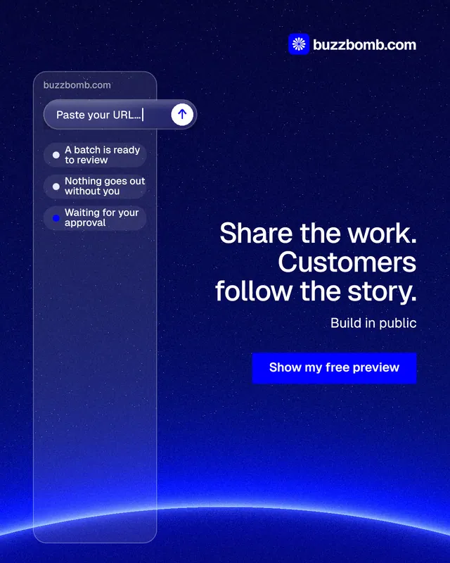 Instagram portrait post for BuzzBomb: "Share the work. Customers follow the story." Swiss style, right layout, dark palette in blue.