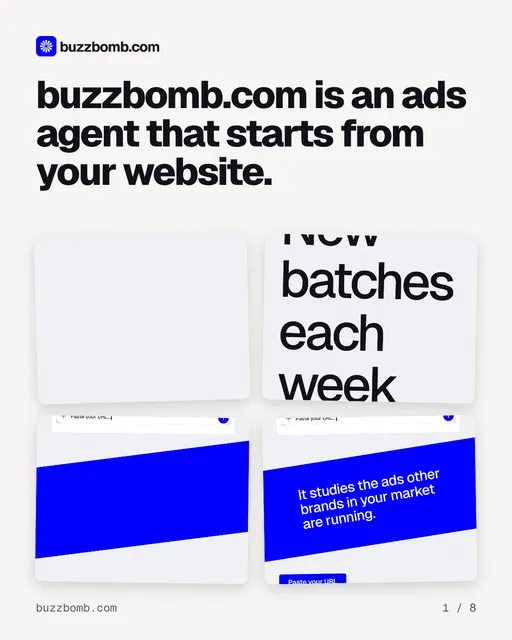 Carousel for BuzzBomb: "buzzbomb.com is an ads agent that starts from your website.". Collection carousel, 8 slides, light palette.