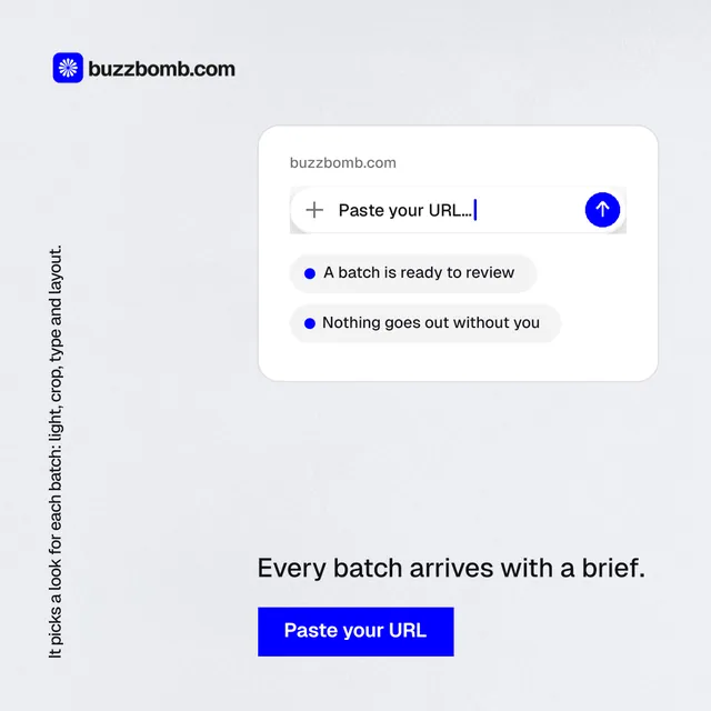 Instagram post for BuzzBomb: "It picks a look for each batch: light, crop, type and layout." Swiss style, vertical layout, light palette in white, blue.