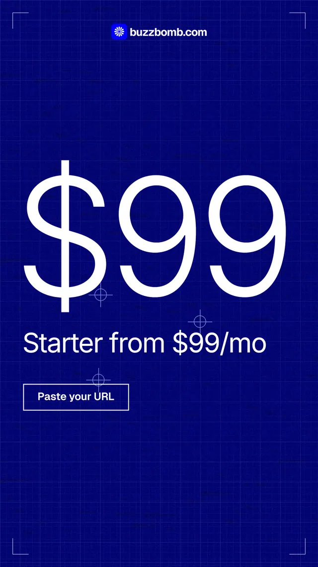Instagram story for BuzzBomb: "Get a marketing team." Blueprint style, stat layout, dark palette in blue.