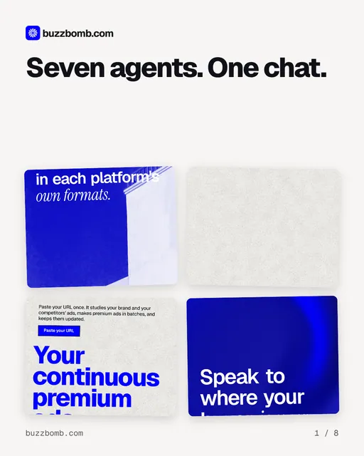 Carousel for BuzzBomb: "Seven agents. One chat.". Collection carousel, 8 slides, light palette.