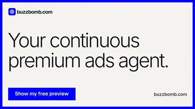 Landscape graphic for BuzzBomb: "Your continuous premium ads agent." Swiss style, poster layout, light palette in white, blue.