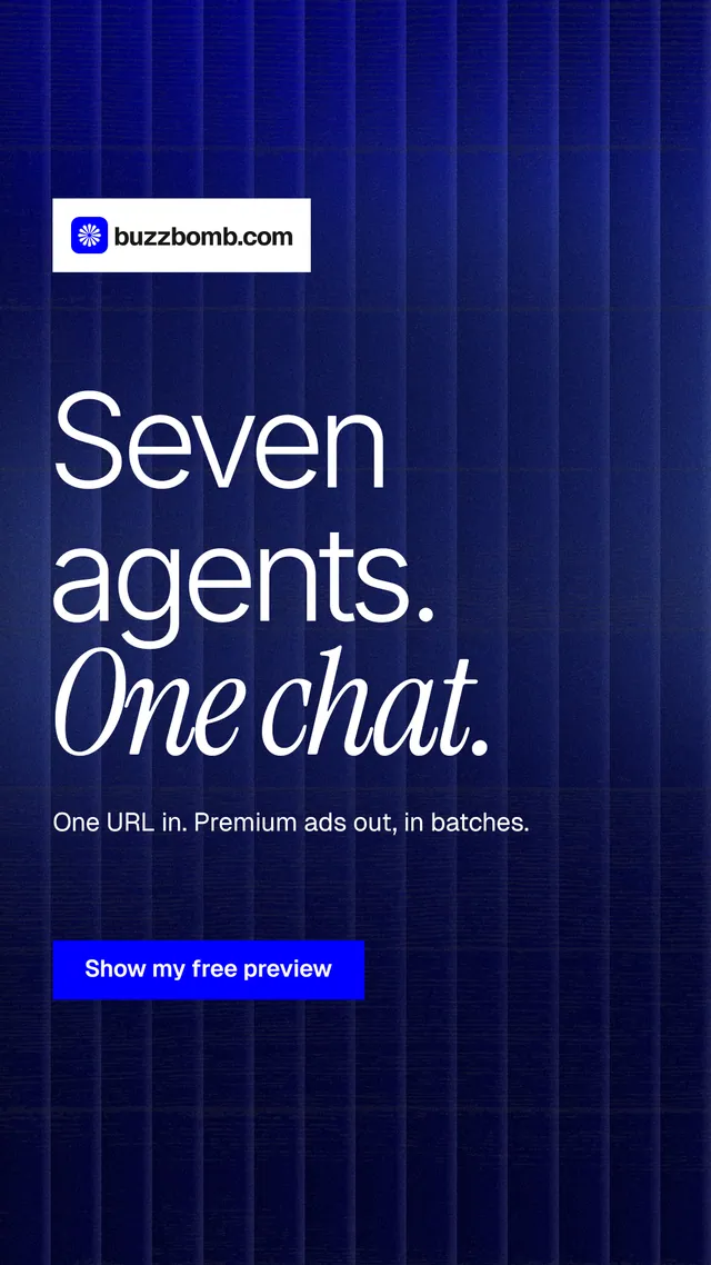 Instagram story for BuzzBomb: "Seven agents. One chat." Swiss style, announce layout, dark palette in black, blue, grey.