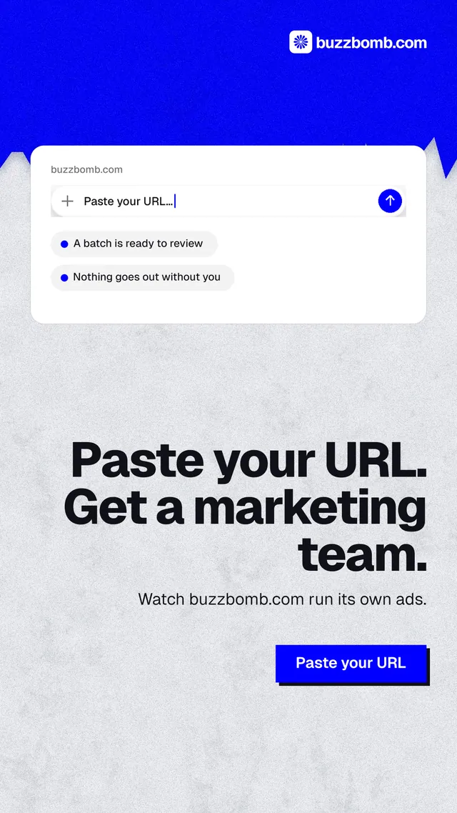 Instagram story for BuzzBomb: "Paste your URL. Get a marketing team." Paper trio style, right layout, light palette in white, blue.