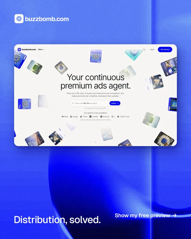 Instagram portrait post for BuzzBomb: "Distribution, solved." Swiss style, image led layout, light palette in blue, white.