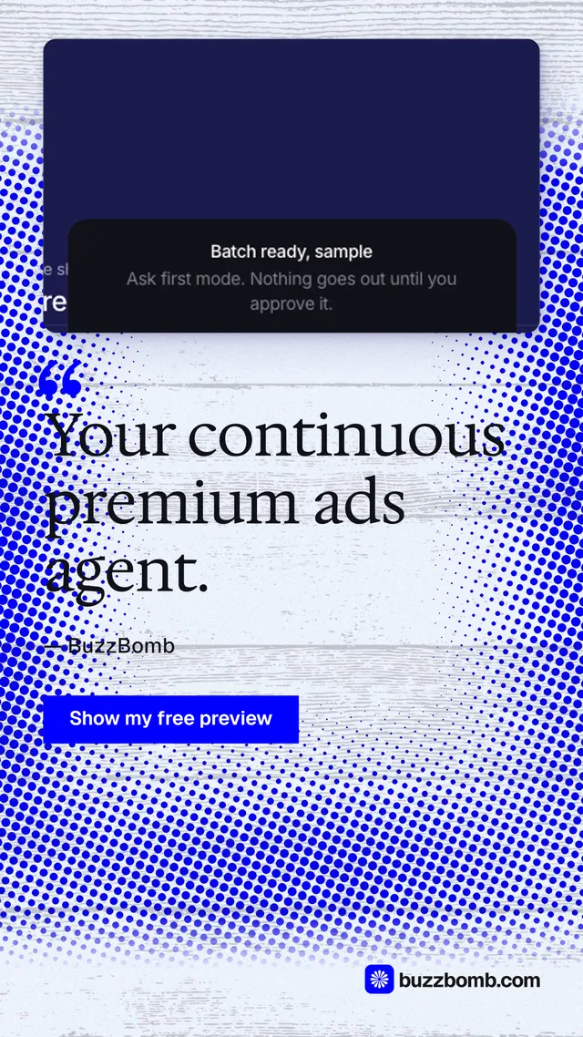 Instagram story for BuzzBomb: "Your continuous premium ads agent." Swiss style, quote layout, light palette in blue, white.