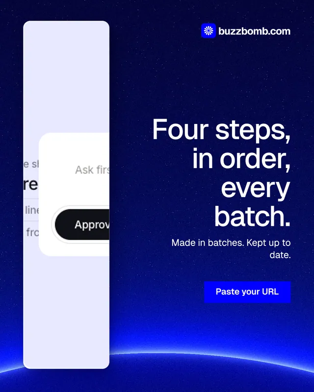 Instagram portrait post for BuzzBomb: "Four steps, in order, every batch." Swiss style, right layout, dark palette in blue, white.