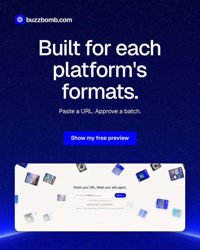 Instagram portrait post for BuzzBomb: "Built for each platform's formats." Swiss style, centred layout, dark palette in blue, white, grey.