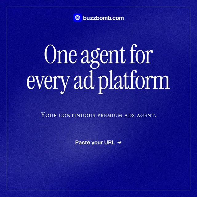 Instagram post for BuzzBomb: "One agent for every ad platform". Editorial style, smallcaps layout, dark palette in blue.