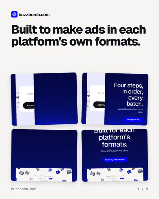 Carousel for BuzzBomb: "Built to make ads in each platform's own formats.". Collection carousel, 8 slides, light palette.