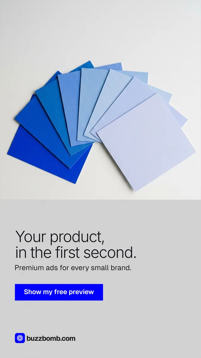 Instagram story for BuzzBomb: "Your product, in the first second." Swiss style, bottom layout, light palette in white, blue.