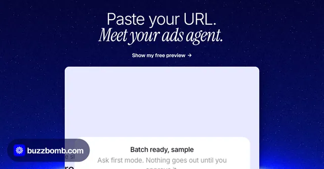 Social ad for BuzzBomb: "Paste your URL. Meet your ads agent." Swiss style, ogui layout, dark palette in blue, white.