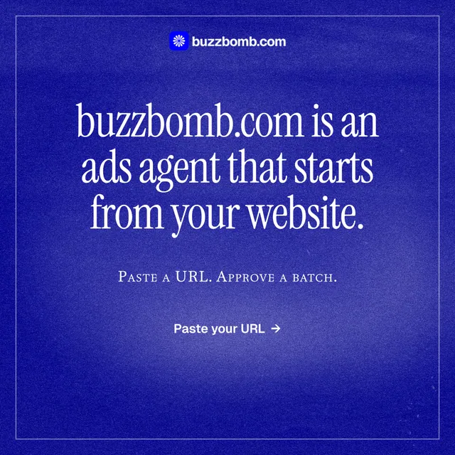 Instagram post for BuzzBomb: "buzzbomb.com is an ads agent that starts from your website." Editorial style, smallcaps layout, dark palette in blue.