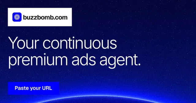 Social ad for BuzzBomb: "Your continuous premium ads agent." Swiss style, announce layout, dark palette in blue.