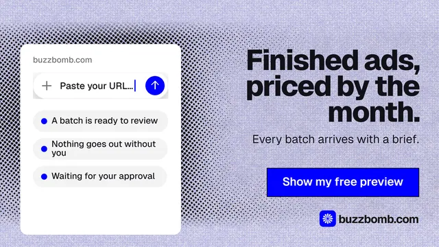 Landscape graphic for BuzzBomb: "Finished ads, priced by the month." Ink sticker style, right layout, light palette in white, blue.