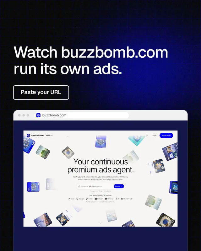 Instagram portrait post for BuzzBomb: "Watch buzzbomb.com run its own ads." Phosphor atlas style, browser layout, dark palette in blue, black, white.
