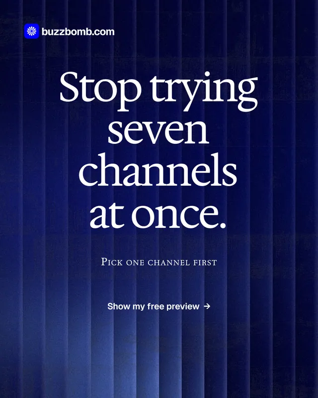 Instagram portrait post for BuzzBomb: "Stop trying seven channels at once." Swiss style, smallcaps layout, dark palette in black, blue.