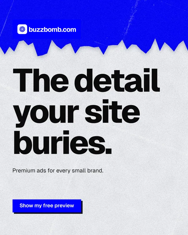 Instagram portrait post for BuzzBomb: "The detail your site buries." Paper trio style, announce layout, light palette in white, blue, grey.