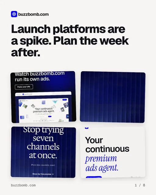 Carousel for BuzzBomb: "Launch platforms are a spike. Plan the week after.". Collection carousel, 8 slides, light palette.