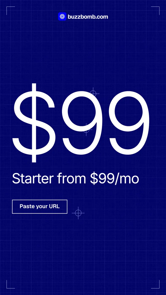 Instagram story for BuzzBomb: "Your continuous premium ads agent." Blueprint style, stat layout, dark palette in blue.